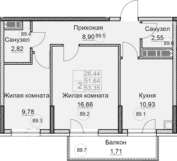 2-комн., 51.64 м²