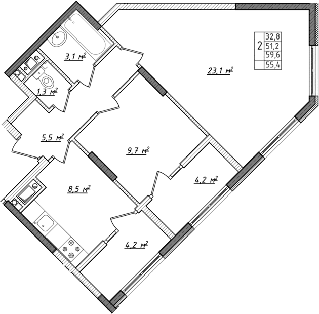 2-комн., 51.2 м²