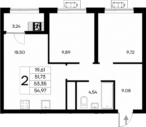 2-комн., 51.73 м²