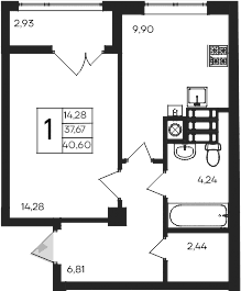 1-комн., 37.67 м²