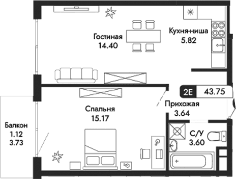 2-комн., 42.63 м²