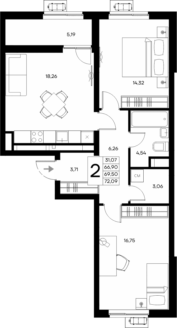 2-комн., 66.9 м²