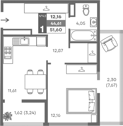 1-комн., 40.69 м²