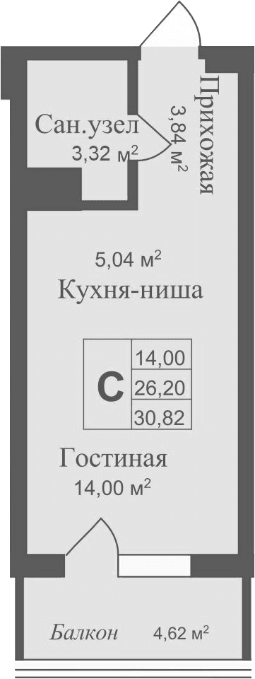 Студия, 26.2 м²