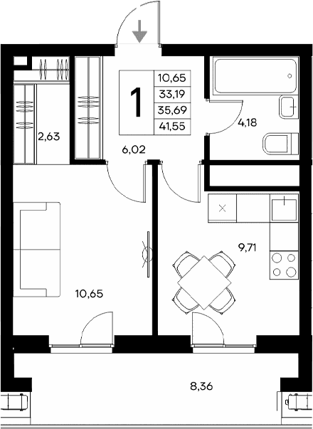 1-комн., 33.19 м²