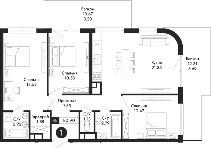 4-комн., 74.01 м²