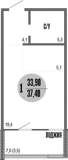 Студия, 33.9 м²