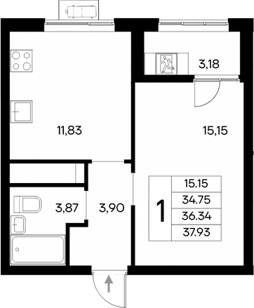 1-комн., 34.75 м²