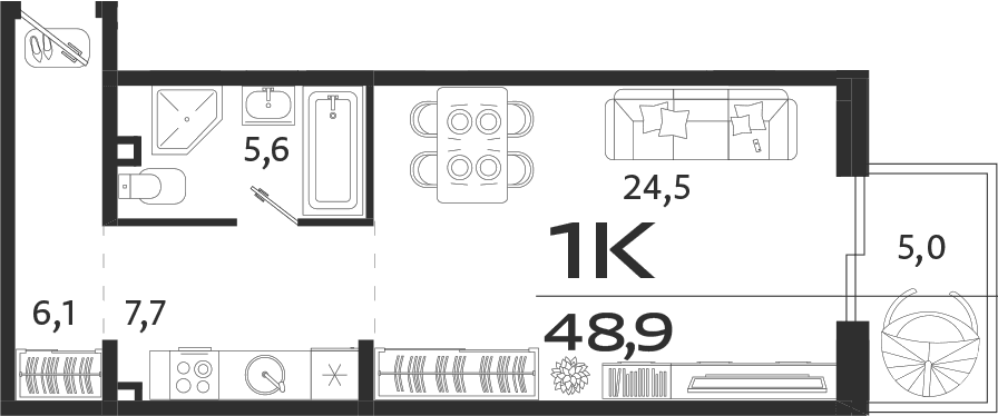 Студия, 43.9 м²