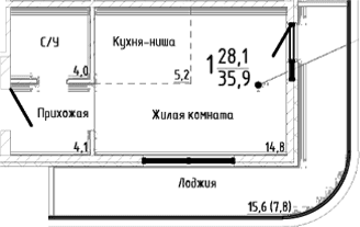 Студия, 28.1 м²