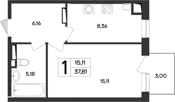 1-комн., 34.81 м²
