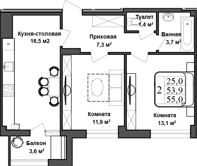 2-комн., 53.92 м²