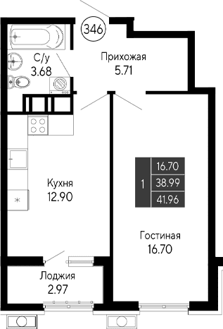 1-комн., 38.99 м²