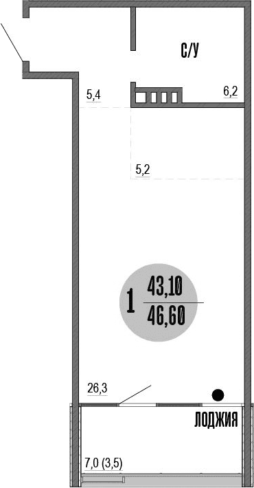 Студия, 43.4 м²