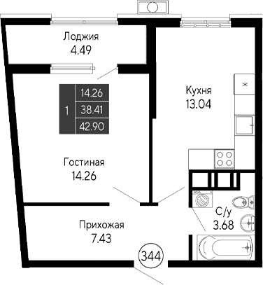 1-комн., 38.41 м²