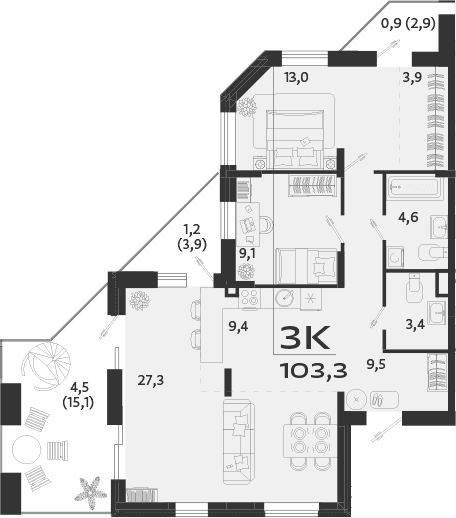 3-комн., 94.8 м²