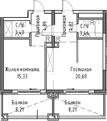2-комн., 64.07 м²