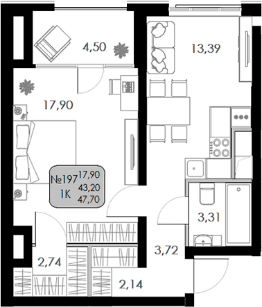 1-комн., 43.2 м²