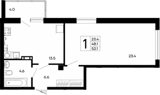 1-комн., 48.1 м²