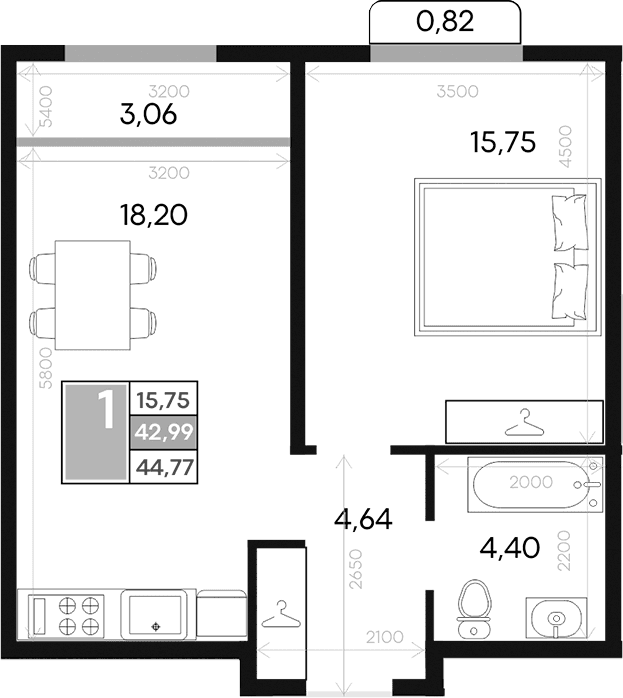 1-комн., 42.99 м²