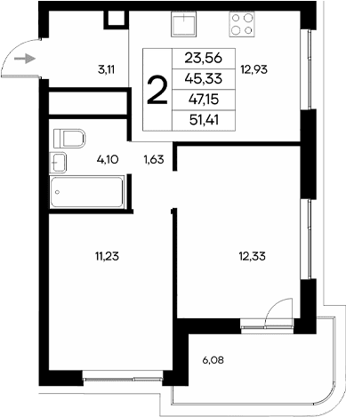 2-комн., 45.33 м²