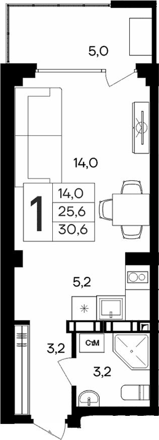 Студия, 25.6 м²