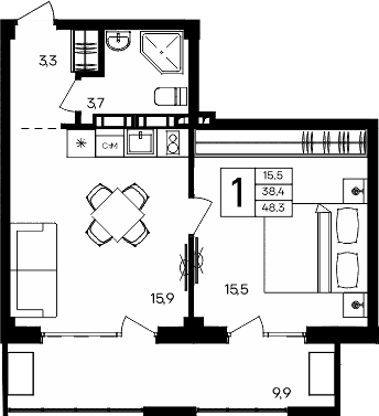 1-комн., 38.4 м²