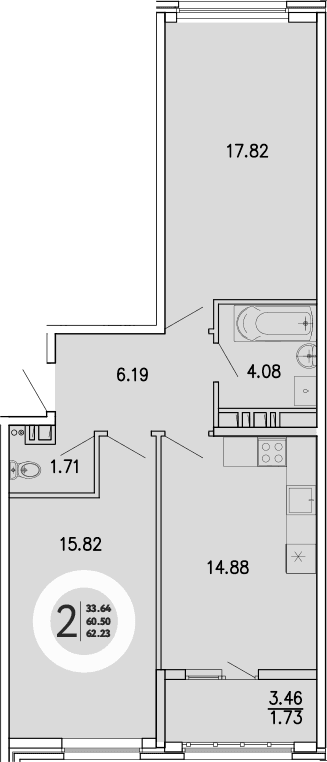 2-комн., 60.5 м²