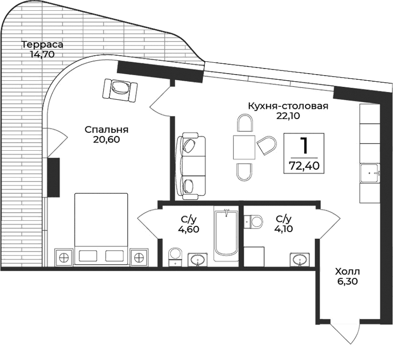 1-комн., 57.7 м²