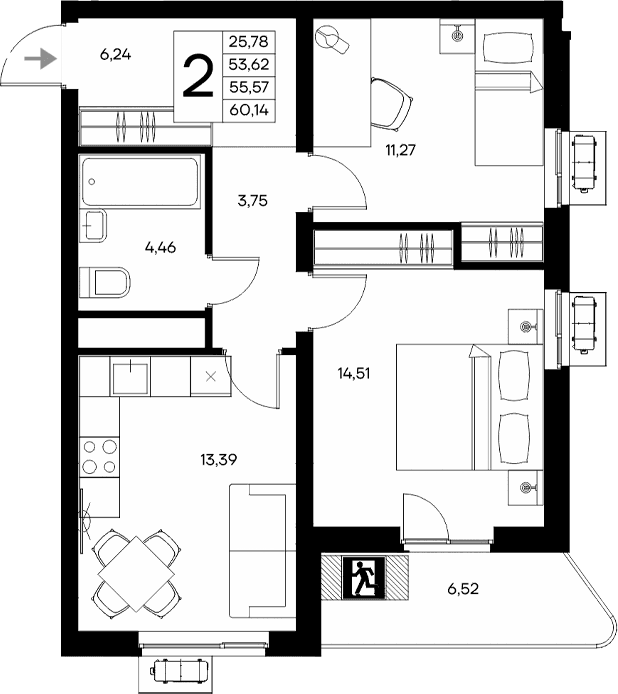 2-комн., 53.62 м²