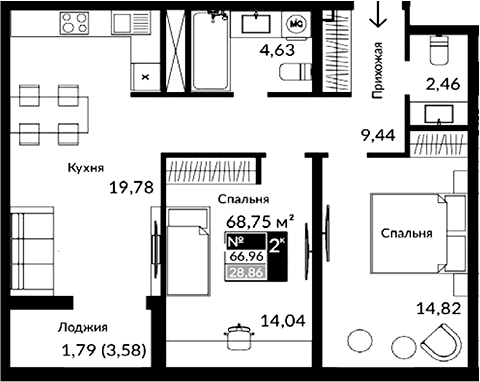 3-комн., 65.17 м²