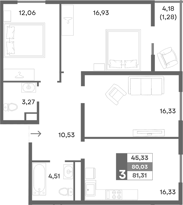 3-комн., 79.96 м²