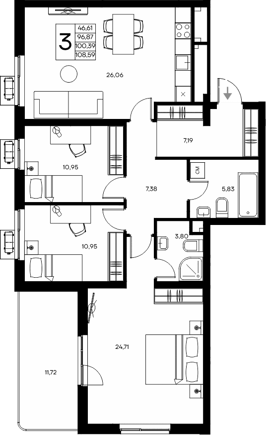 3-комн., 96.87 м²