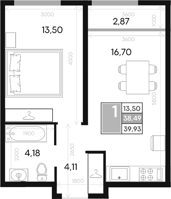 1-комн., 38.49 м²