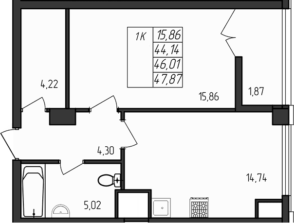 1-комн., 44.14 м²