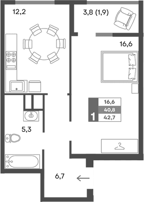 1-комн., 40.8 м²