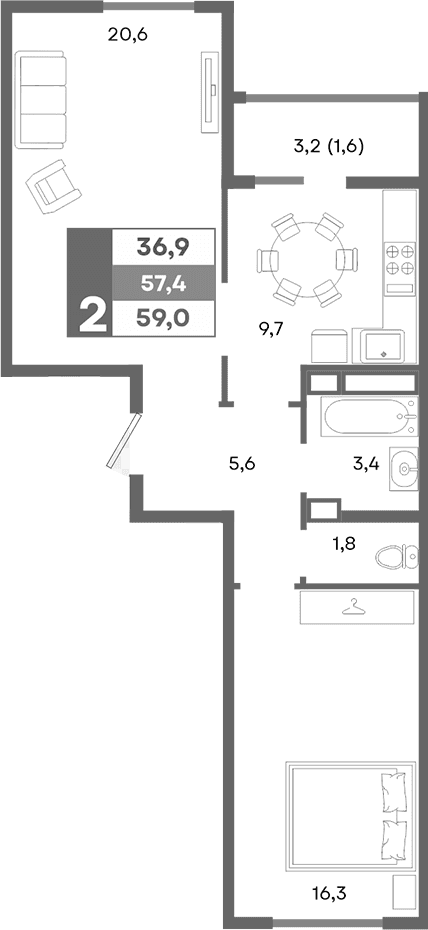 2-комн., 57.4 м²