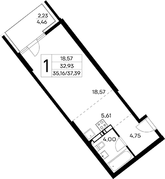 Студия, 35.16 м²