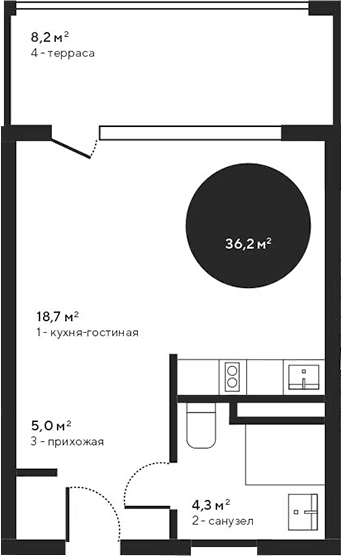 Студия, 28 м²