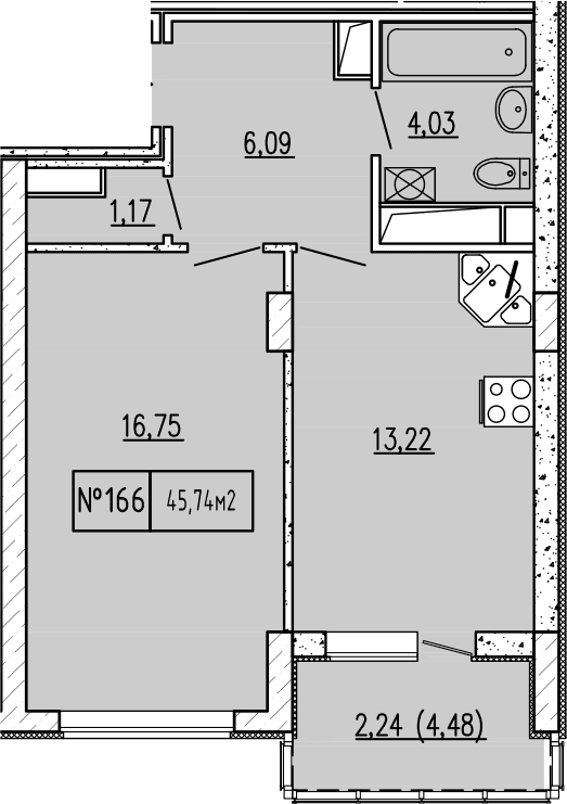 1-комн., 41.26 м²