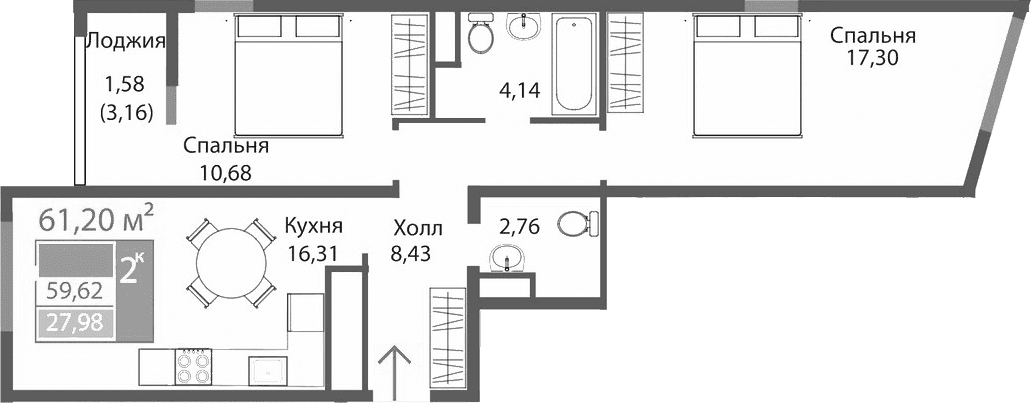 2-комн., 59.62 м²