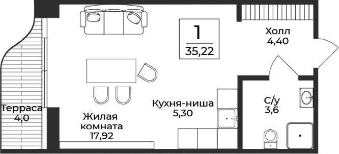 Студия, 31.22 м²