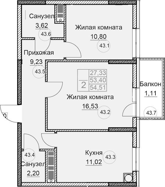 2-комн., 53.4 м²
