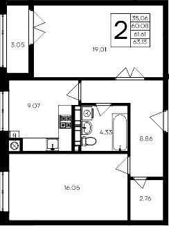 2-комн., 60.08 м²