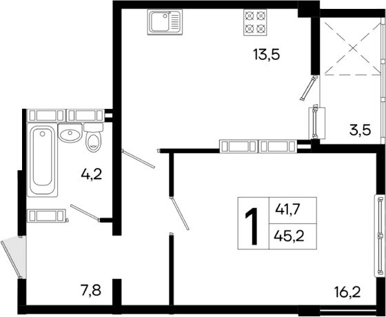 1-комн., 41.7 м²