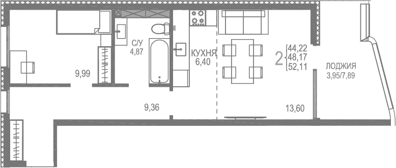 2-комн., 48.16 м²