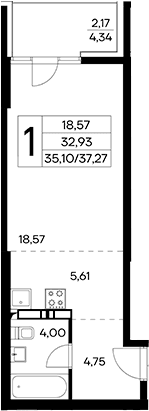 Студия, 35.1 м²