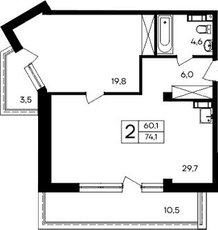 1-комн., 60.1 м²