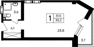 Студия, 31.5 м²