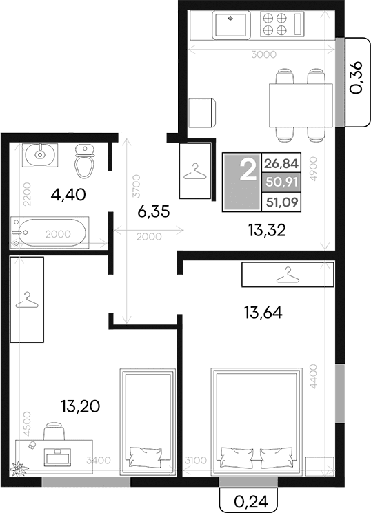 2-комн., 50.91 м²